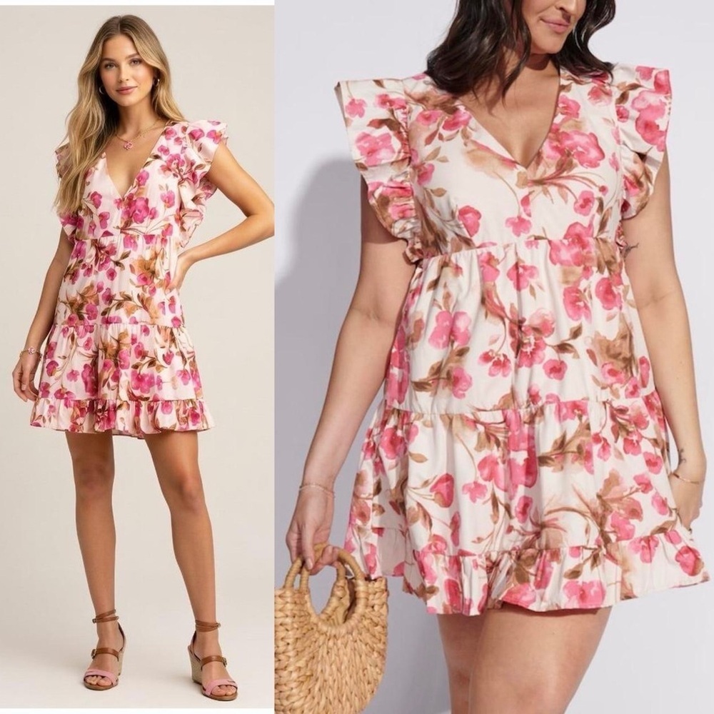 Abercrombie pink brown floral flutter sleeve babydoll mini full dress large